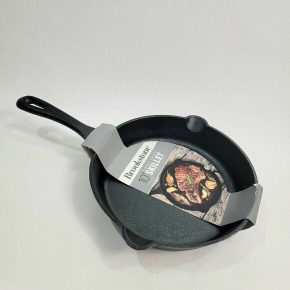Brookstone 10" Cast Iron Preseason Skillet Double Spout  w Handle - Picture 1 of 9